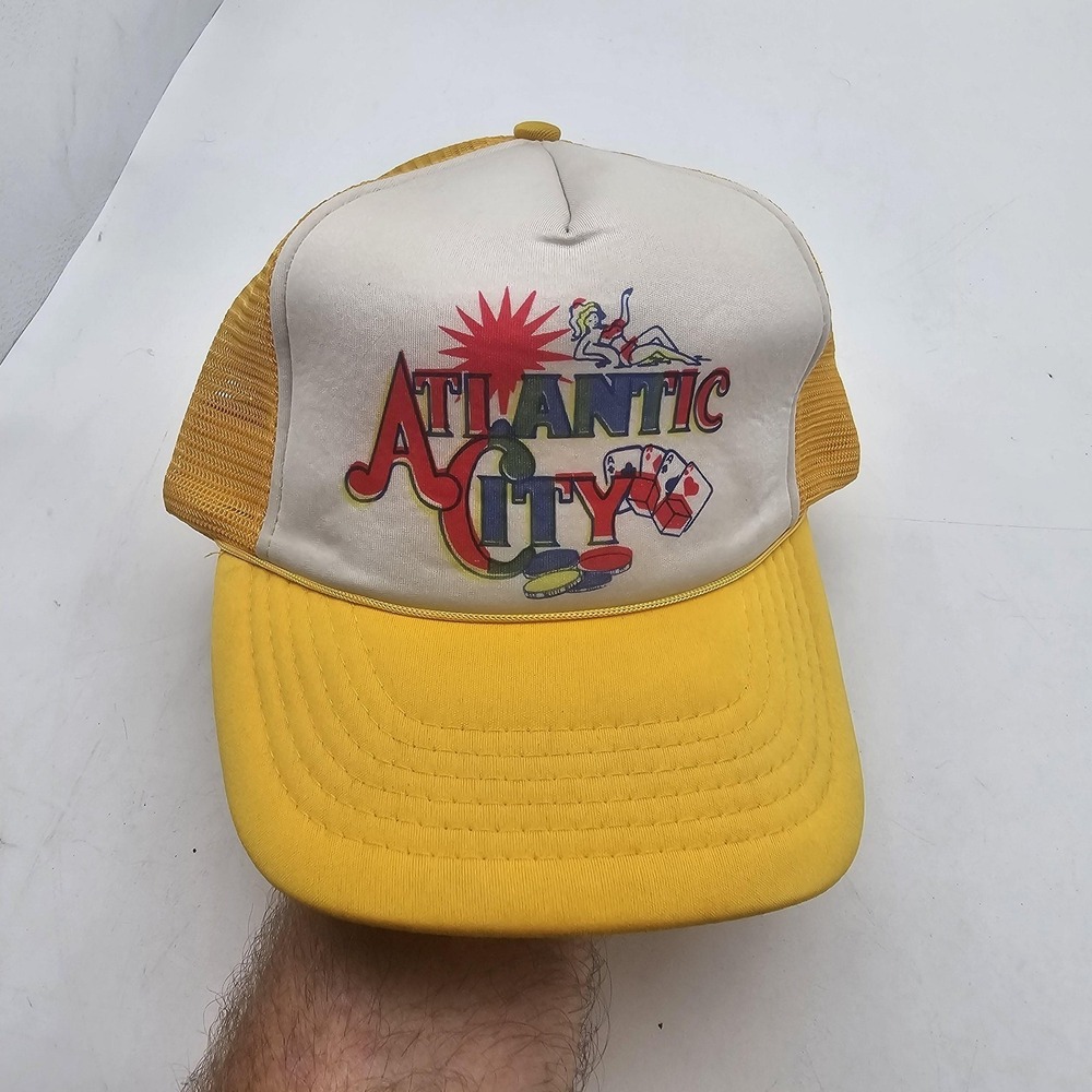 Vintage‎ Atlantic City Hat Cap Snap Back Mens One Size Yellow Trucker Mesh 80s